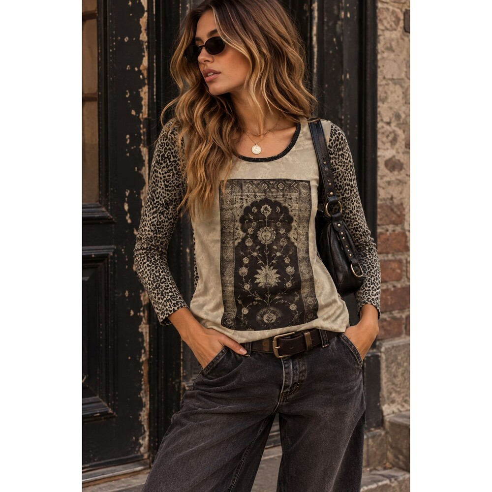Unique Maison Scotch mixed-print top combining leopard-print sleeves with an orn
